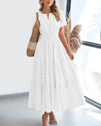 Fashion V-neck Pleated Puff Sleeve Layered Large Swing Dress