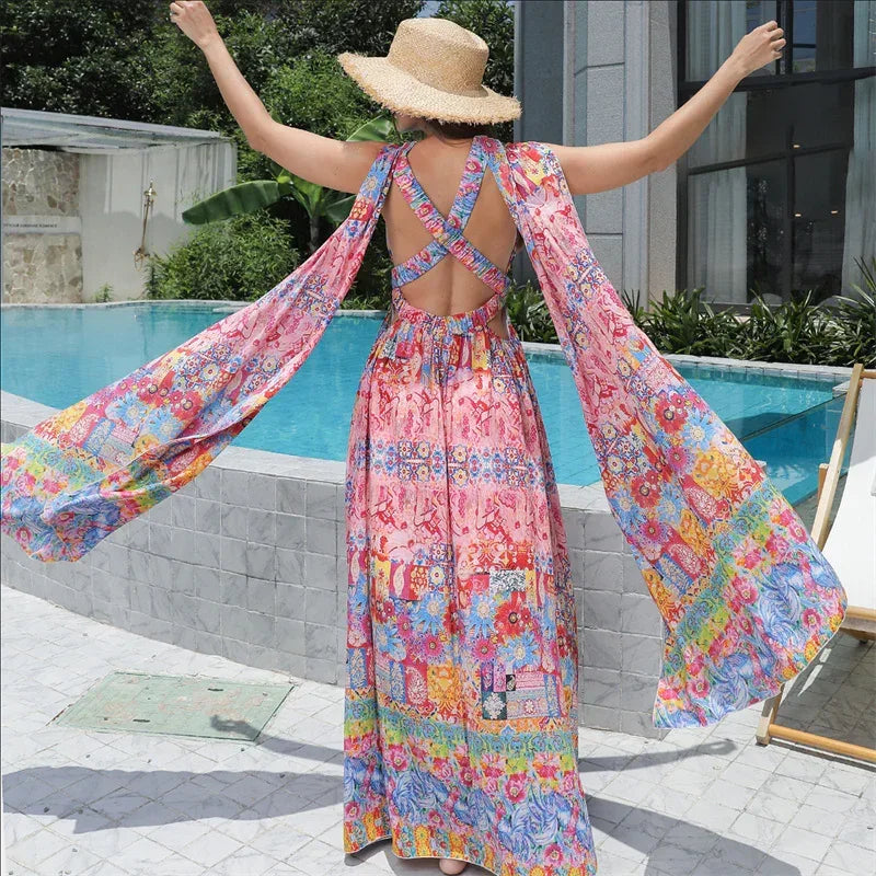 Women's Floral Large Hem Dress 2026 - Flowing A-Line Dress - DanaFashionstore