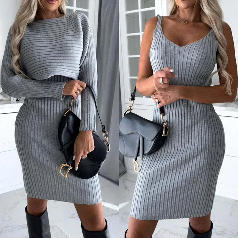 2pcs Suit Women's Solid Stripe Long-sleeved Top And Tight Suspender Skirt Fashion Autumn Winter Slim Clothing - DanaFashionstore