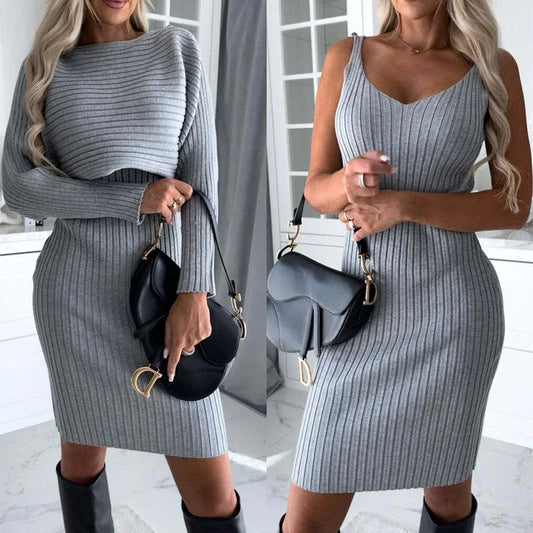 2pcs Suit Women's Solid Stripe Long-sleeved Top And Tight Suspender Skirt Fashion Autumn Winter Slim Clothing - DanaFashionstore