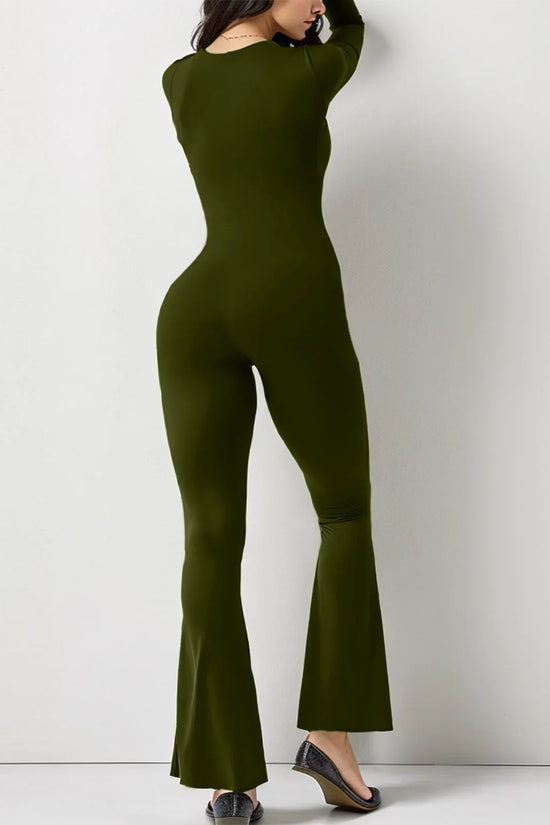 Women Long Sleeve Belly Waist Shaping And Hip Lift Square Collar Wide Leg High Elastic Jumpsuit - DanaFashionstore