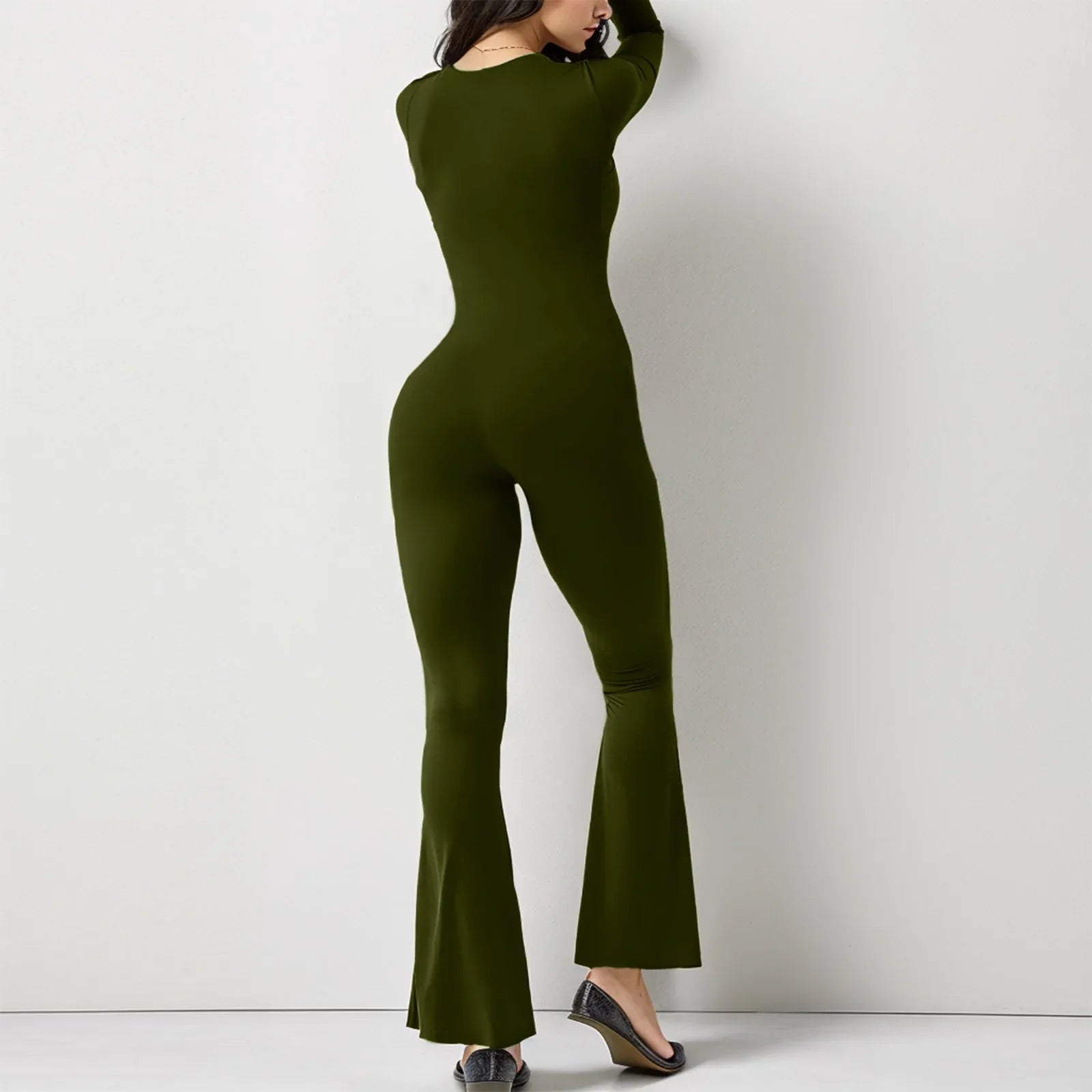 Women Long Sleeve Belly Waist Shaping And Hip Lift Square Collar Wide Leg High Elastic Jumpsuit - DanaFashionstore