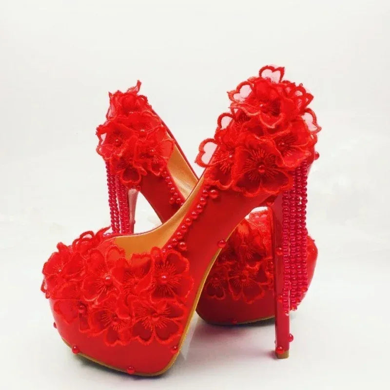 Male Lace High-heeled Shoes Korean Style, Flower Rhinestone Tassel Bride - DanaFashionstore