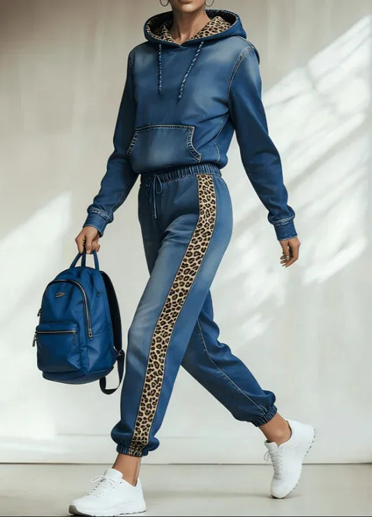 Leopard Print Patchwork Hooded Sweatshirt Set - DanaFashionstore