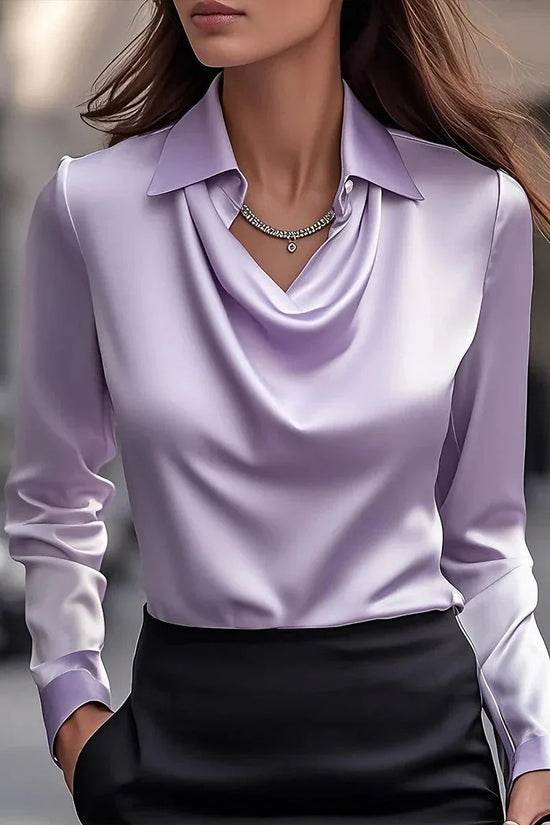 Women's Swing Collar Draped Shirts & Blouses Elegant Solid Satin Office Ladies Top Pullover Spring Long Sleeve Casual Tops - DanaFashionstore
