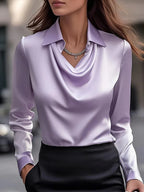 Women's Swing Collar Draped Shirts & Blouses Elegant Solid Satin Office Ladies Top Pullover Spring Long Sleeve Casual Tops - DanaFashionstore
