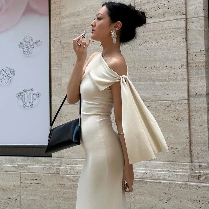 One-shoulder Ribbon Long Dress Ins Fashion Slim Sleeveless Dresses For Evening Party Club Clothing Women - DanaFashionstore