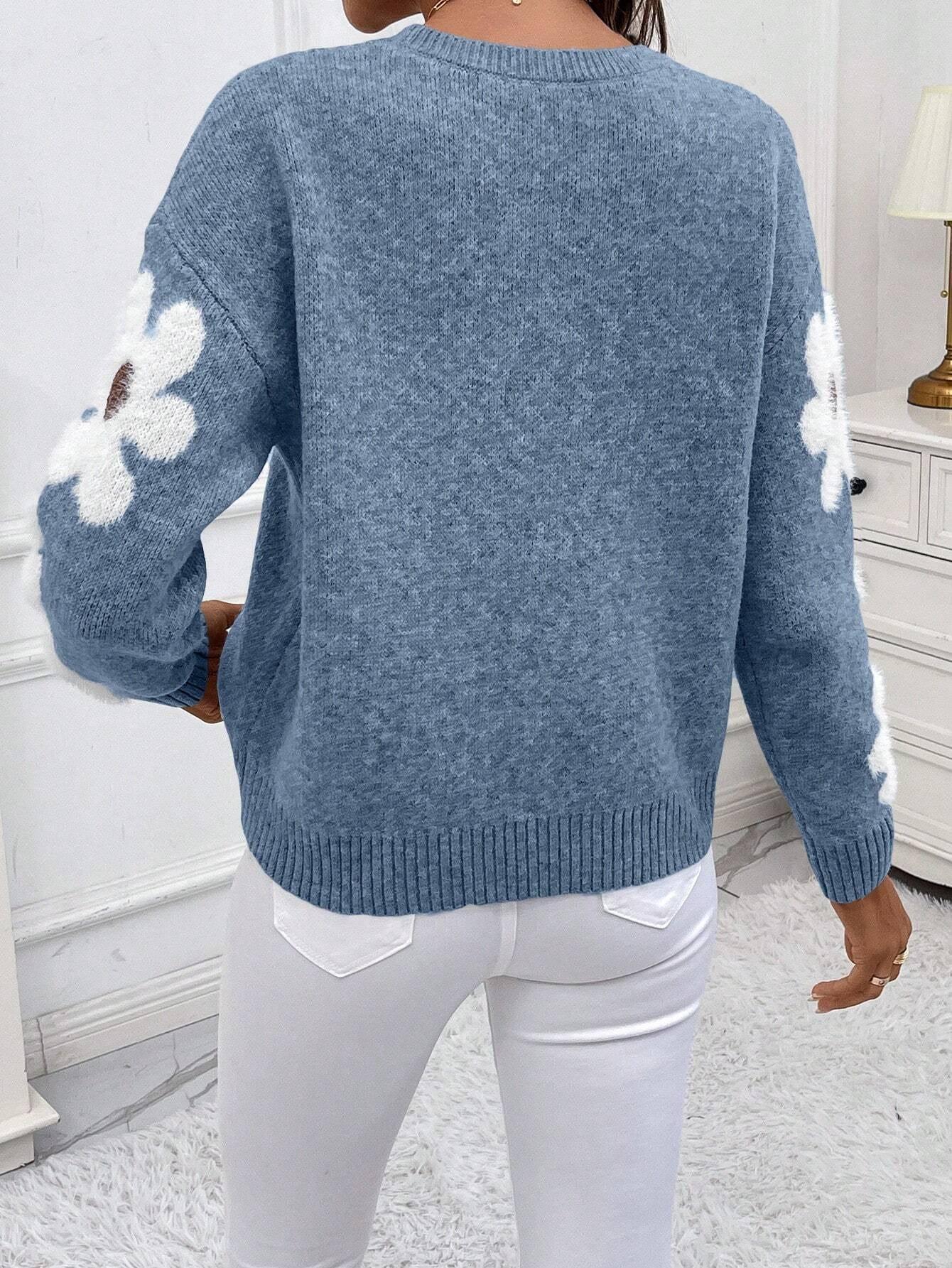 Floral Pattern Drop Shoulder Sweater,Long Sleeve Tops - DanaFashionstore
