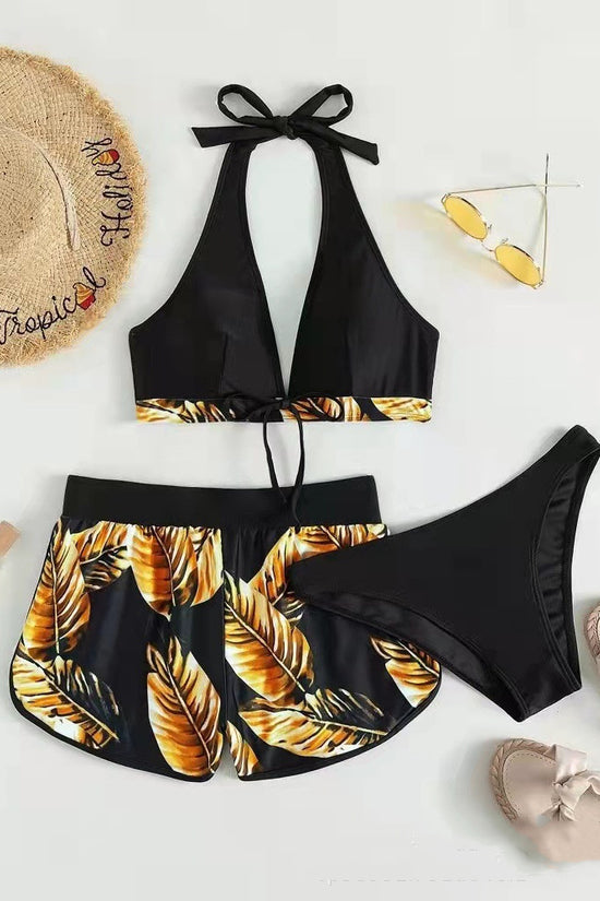 3pcs Leaf Print Bikini With Shorts Fashion Summer Beach Swimsuit Womens Clothing
