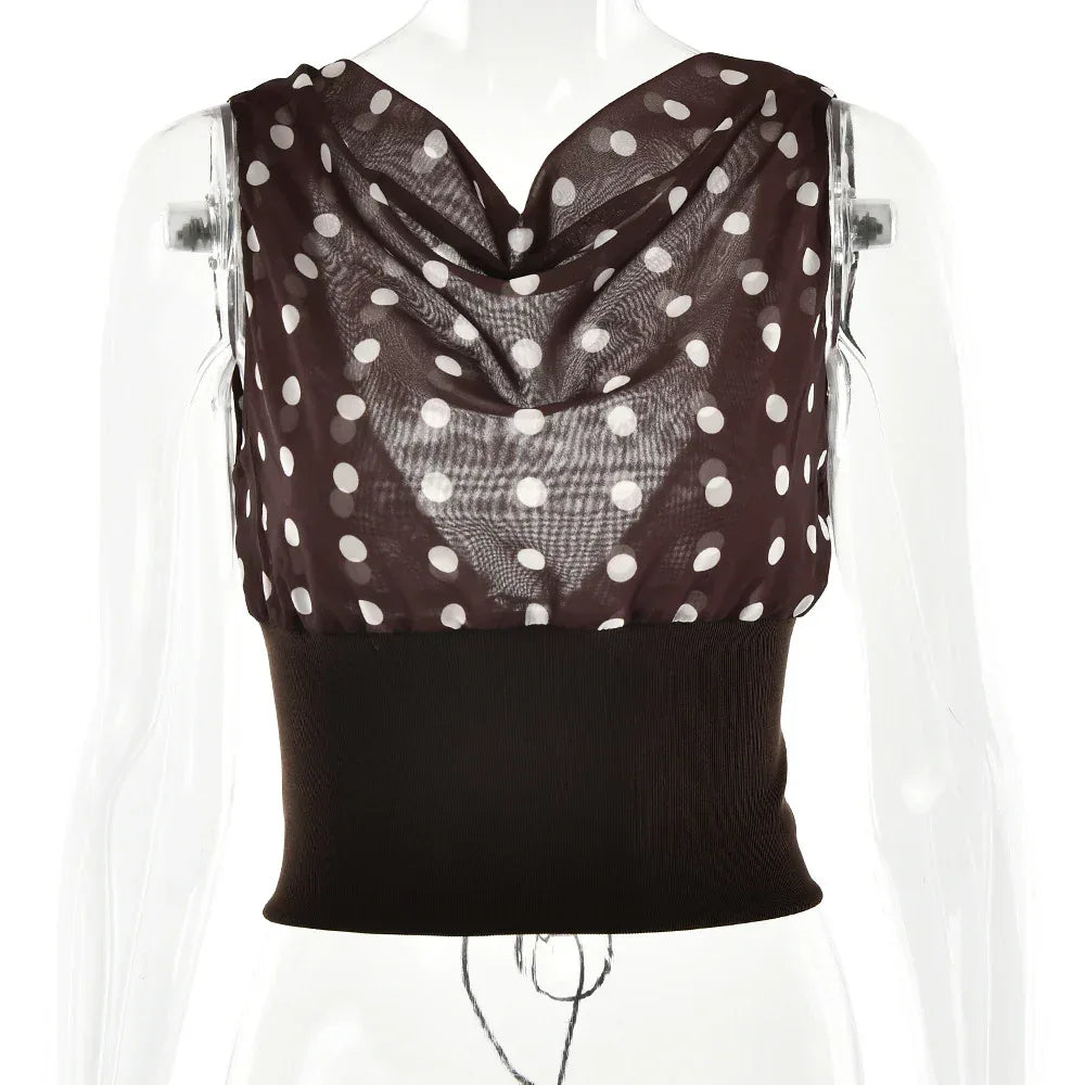 Polka Dots Print Oblique Shoulder Tops Summer Patchwork Chiffon Crop Top Women Sexy Sleeveless Lace Up Backless Blouse Casual Streetwear Tee - DanaFashionstore