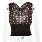 Polka Dots Print Oblique Shoulder Tops Summer Patchwork Chiffon Crop Top Women Sexy Sleeveless Lace Up Backless Blouse Casual Streetwear Tee - DanaFashionstore