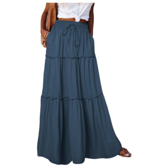 Women's Elastic High Waist A-Line Pleated Casual Maxi Dress