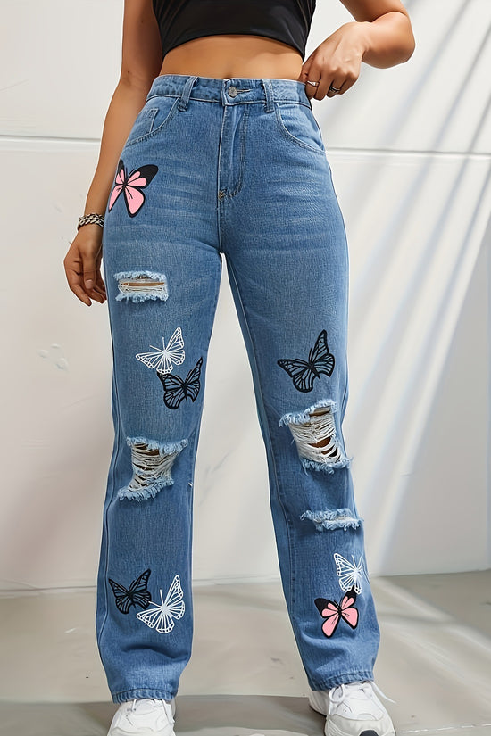 High Waisted Straight Leg Jeans For Women Trendy Butterfly Print Ripped Distressed Denim Pants