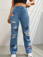 High Waisted Straight Leg Jeans For Women Trendy Butterfly Print Ripped Distressed Denim Pants - DanaFashionstore