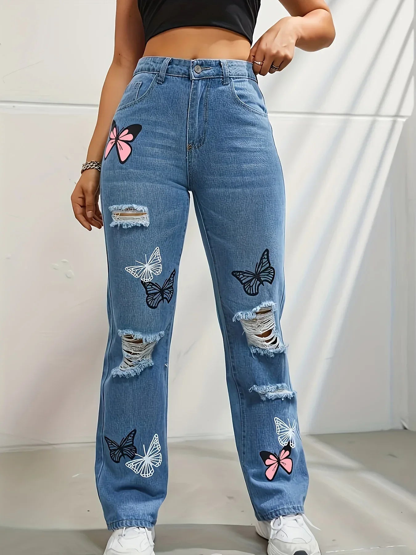High Waisted Straight Leg Jeans For Women Trendy Butterfly Print Ripped Distressed Denim Pants - DanaFashionstore