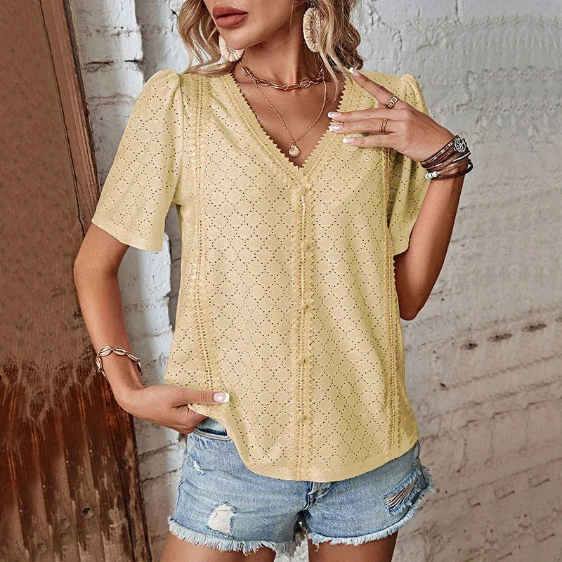 Women's V-neck T-shirt Lace Patchwork Top - DanaFashionstore