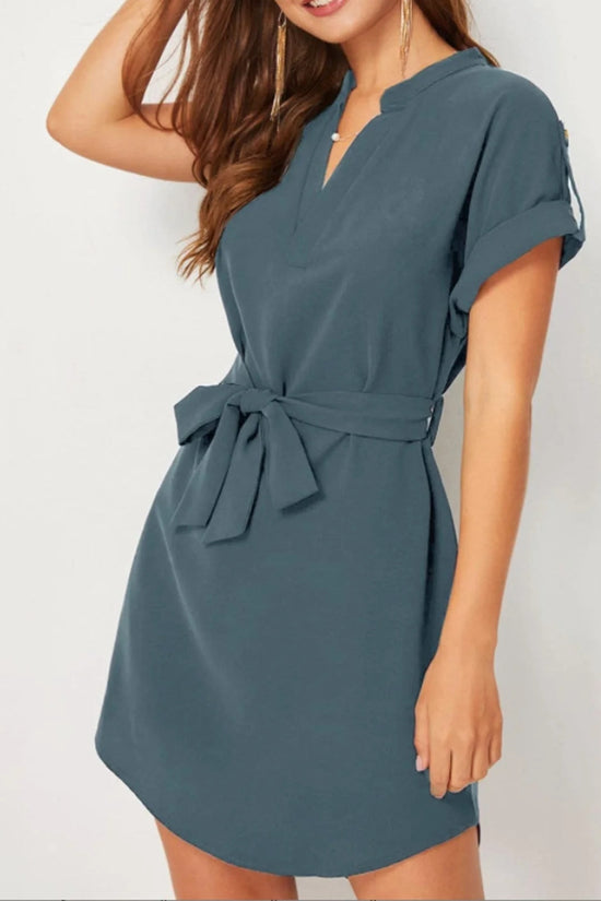 V-neck Short Sleeve Dress With Belt Summer Fashion Bowknot Dresses For Women Clothing