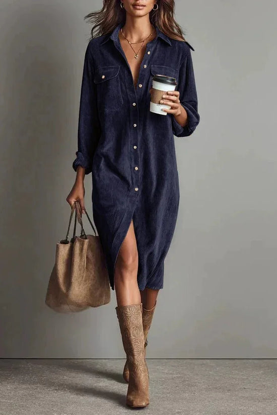 Turn-Down Collar Buttons Chic Casual Dress, Women Spring Autumn Solid Simple Party Dress, Long Sleeve Holiday Ladies Dress - DanaFashionstore