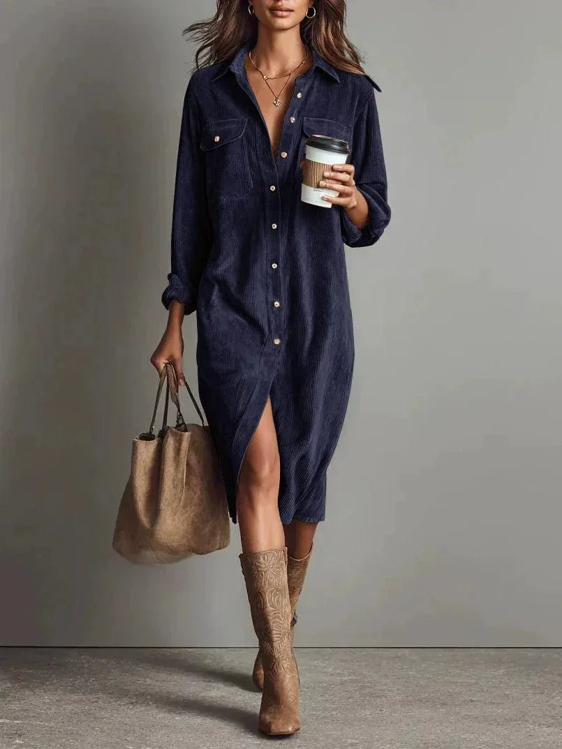 Turn-Down Collar Buttons Chic Casual Dress, Women Spring Autumn Solid Simple Party Dress, Long Sleeve Holiday Ladies Dress - DanaFashionstore