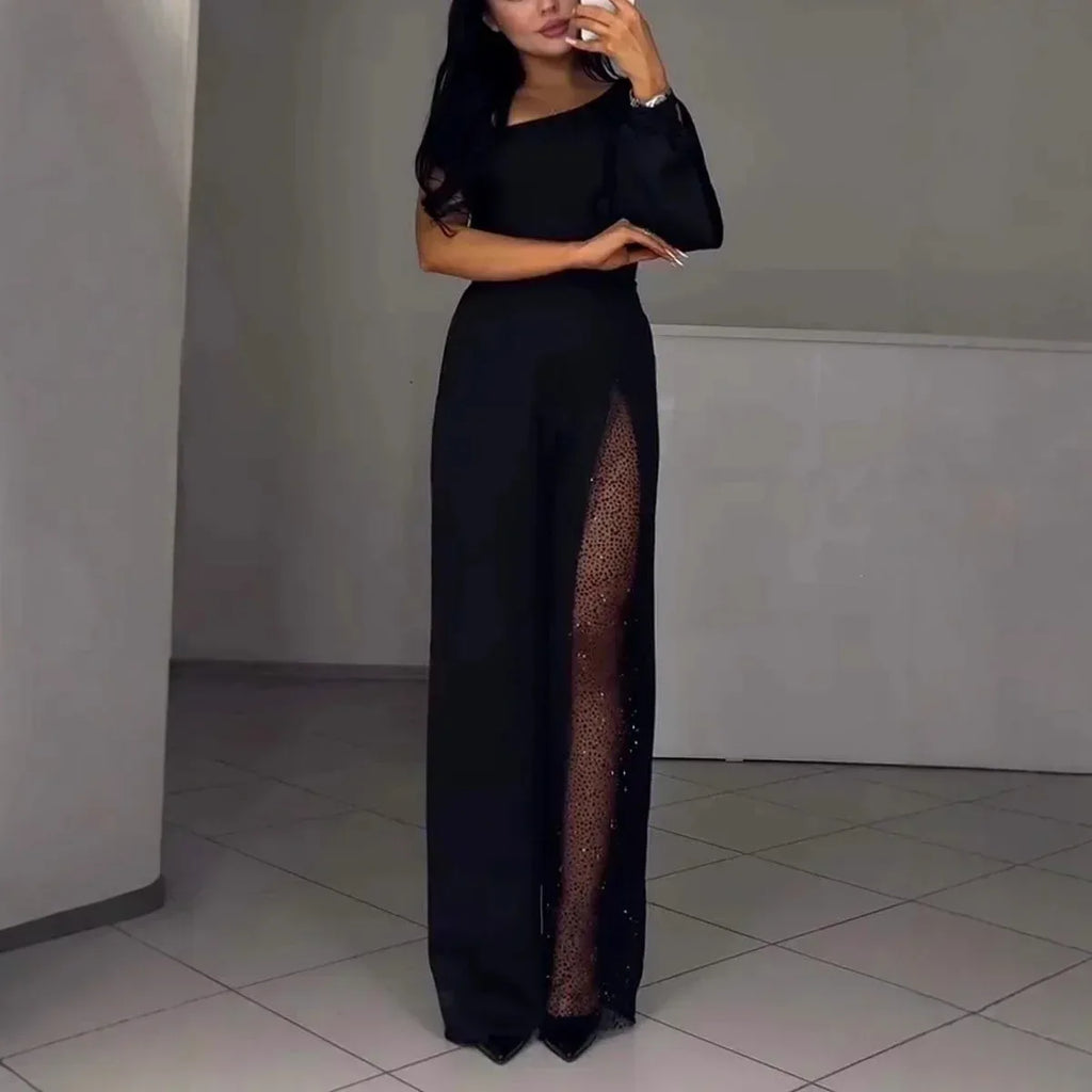 Oblique Shoulder High Slit Jumpsuit 2026 - Fall Winter Sexy Jumpsuit - DanaFashionstore