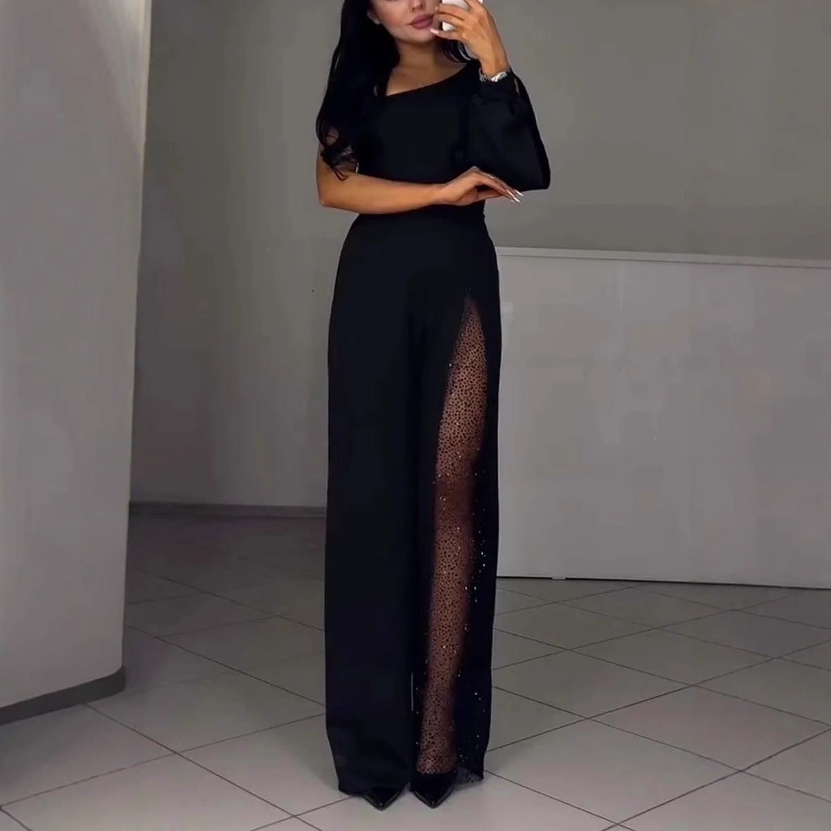 Fall Winter Fashion Sexy Oblique Shoulder High Slit Women's Jumpsuit