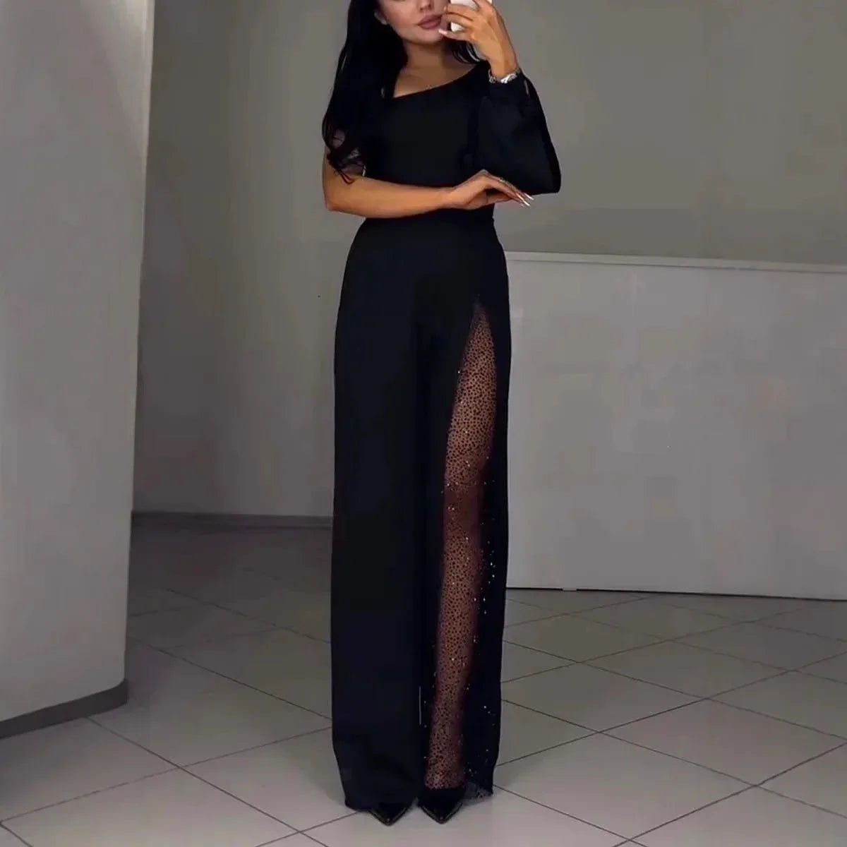 Oblique Shoulder High Slit Jumpsuit 2026 - Fall Winter Sexy Jumpsuit - DanaFashionstore