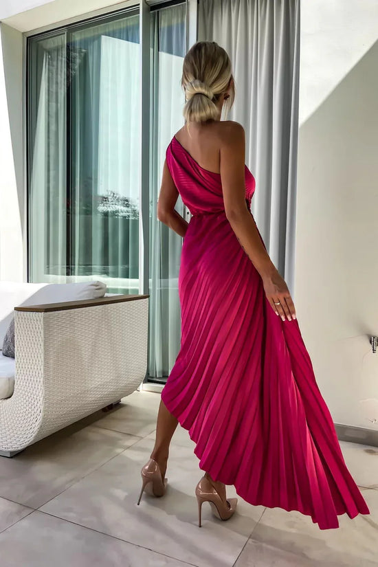 Ins Pleated One-shoulder Dress With Big Rose Flower Fashionable Sexy Evening Party Club Asymmetrical Dress - DanaFashionstore