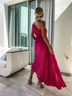 Ins Pleated One-shoulder Dress With Big Rose Flower Fashionable Sexy Evening Party Club Asymmetrical Dress - DanaFashionstore