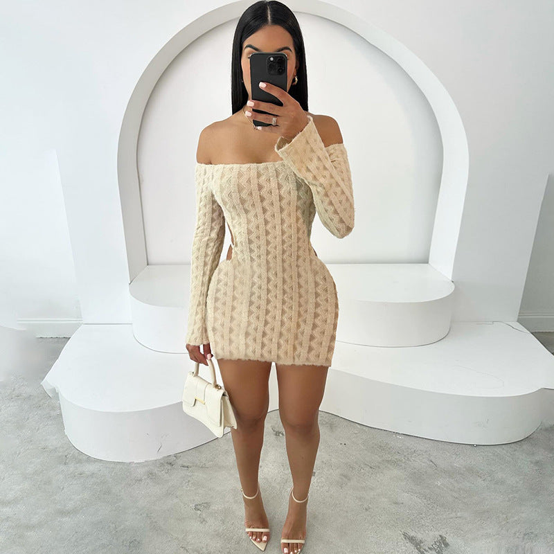 Solid Color High Waist Slim Fit Backless Off-shoulder Dress - Dana Fashion