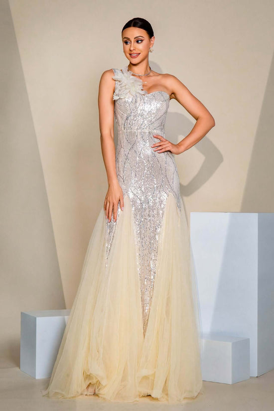 One-shoulder Diagonal Collar Slim-fit Sheath Sequined Slit Evening Dress $139.72 Dana Fashion Color: Apricot Size: L Women's clothing Product information: Pattern: solid color Skirt type: hip skirt Color: Apricot Waist type: high waist Size: S,M,L,XL Styl