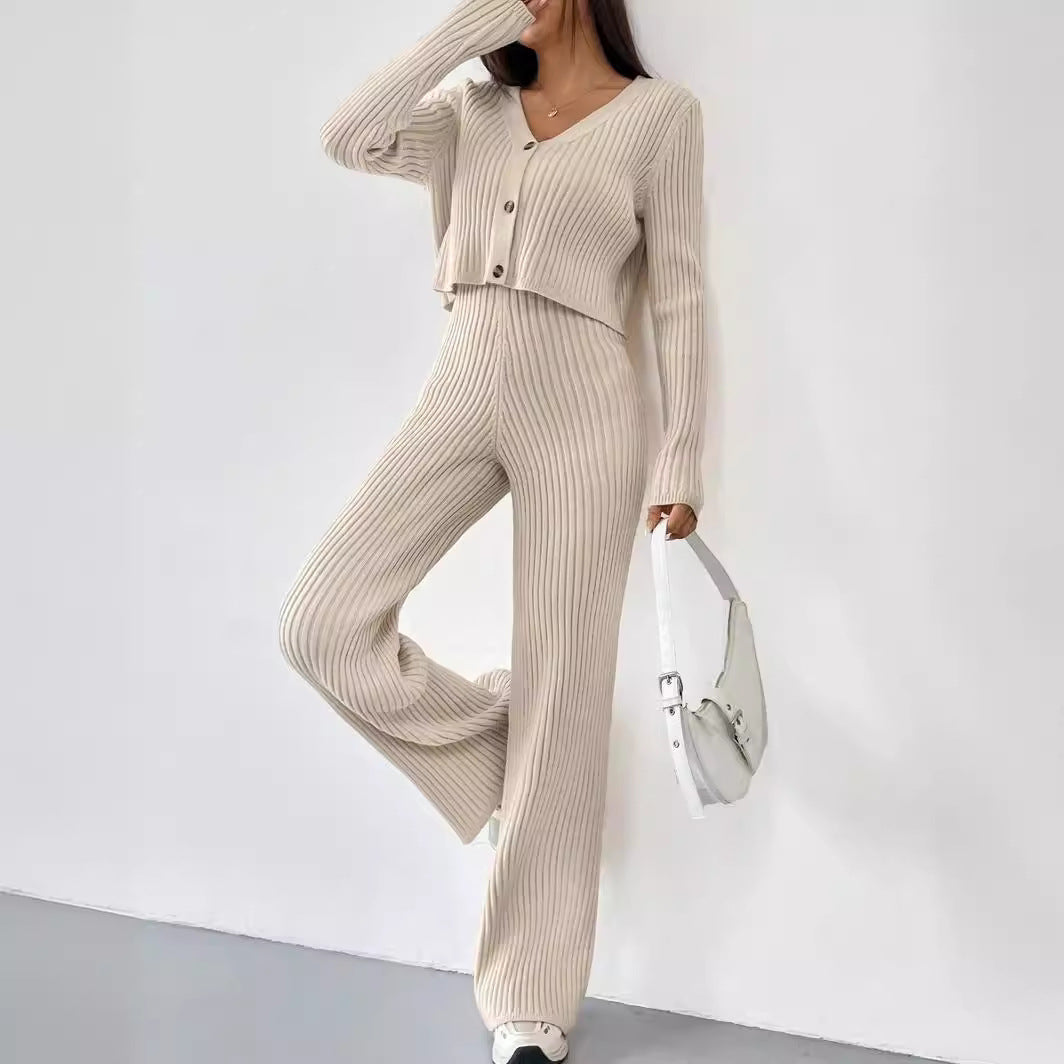 Solid Color Knitted Two-piece Women's V-neck Short Knitted Cardigan Bootcut Trousers Versatile Casual Women's Clothing