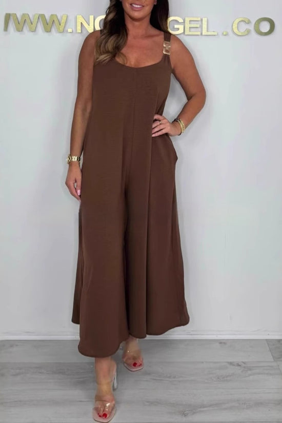 Solid Color Casual Sling Wide Leg Jumpsuit