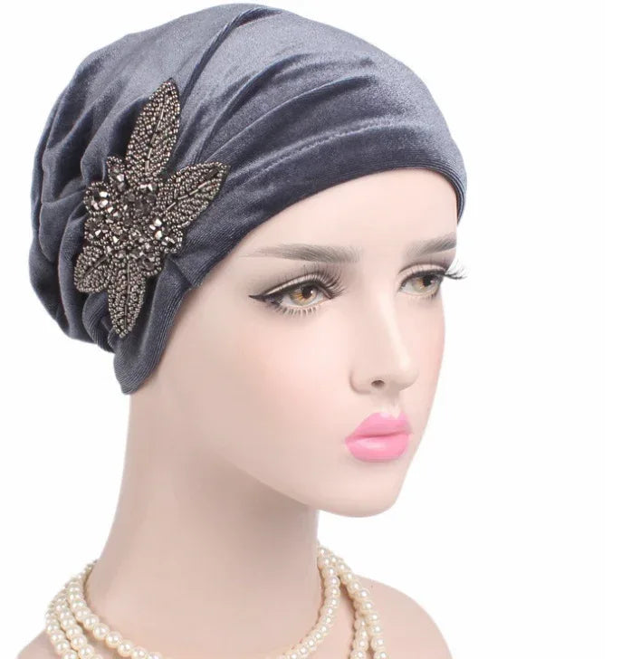 Beaded Flower Accessories Turban Hat Velvet Pleated Hood - DanaFashionstore