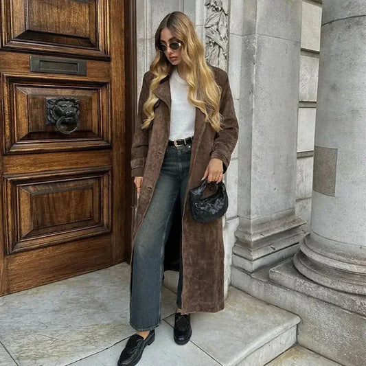 Double Breasted Lapel Shift Coat With Belt Fashion Vintage Suede Long Coat Winter Outwear Women's Clothing - DanaFashionstore