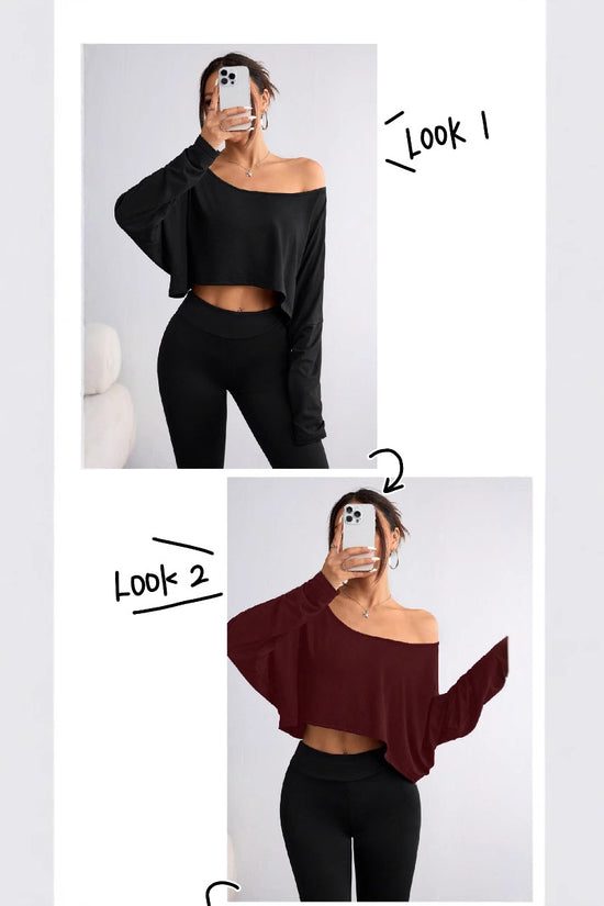 Solid Color Shoulder Long Sleeve Loose-fitting Cropped Top