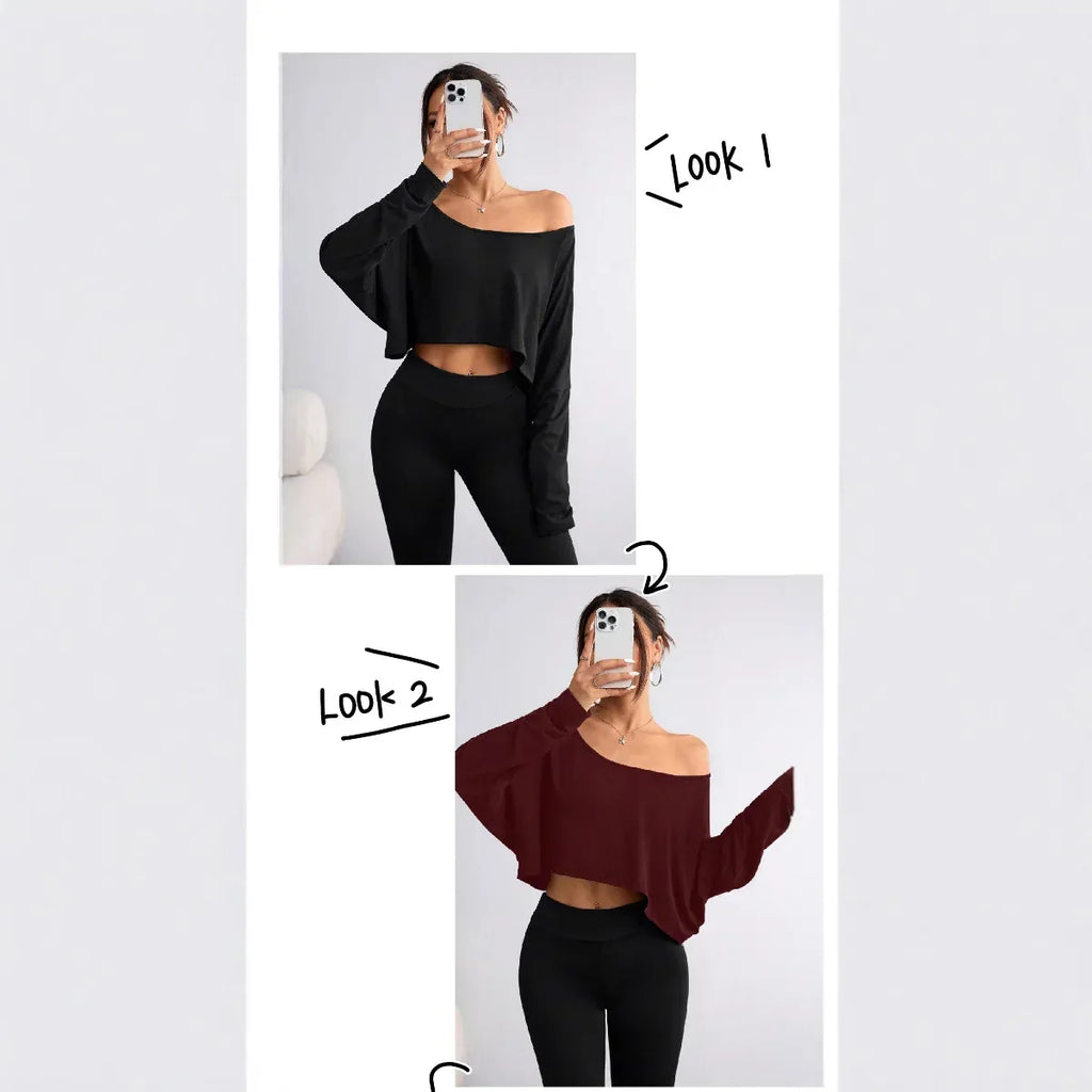 Solid Color Shoulder Long Sleeve Loose-fitting Cropped Top - DanaFashionstore