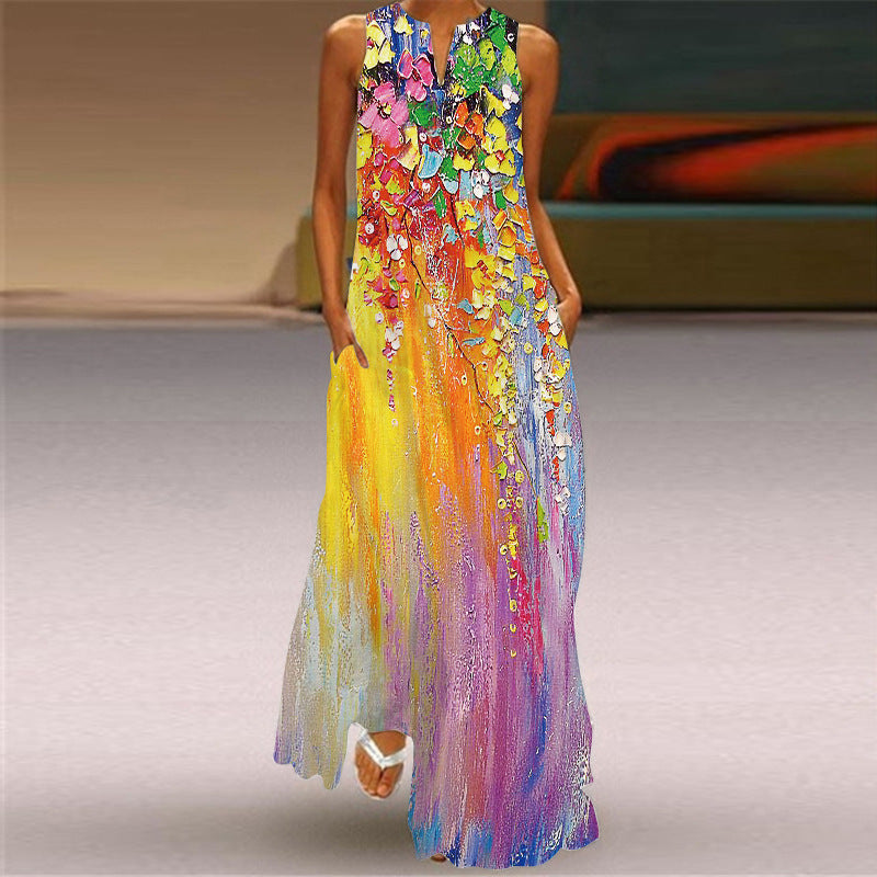 Butterfly Print Long Dress V-Neck Sleeveless