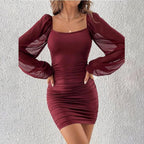 Mesh Stitching Ruffle Slim Fit Dress Women - DanaFashionstore
