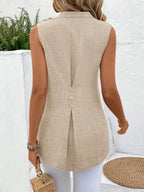 Solid Notched V-Neck Sleeveless Button Back Shirt - DanaFashionstore