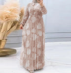 Women's Leaf Print Pleated Skirt Fashionable Waist-Slimming Dress