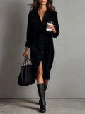 Turn-Down Collar Buttons Chic Casual Dress, Women Spring Autumn Solid Simple Party Dress, Long Sleeve Holiday Ladies Dress - DanaFashionstore