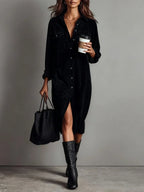Turn-Down Collar Buttons Chic Casual Dress, Women Spring Autumn Solid Simple Party Dress, Long Sleeve Holiday Ladies Dress - DanaFashionstore