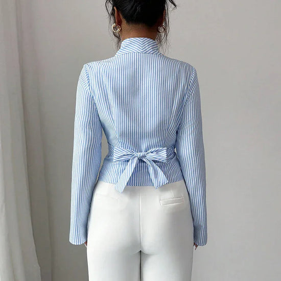 Striped Long-Sleeve Elegant Strap Women's Blouse - DanaFashionstore