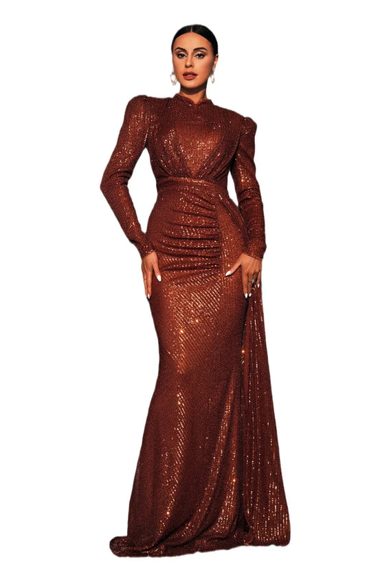 Long Sleeve Round Neck Sexy Slim Long Sequined Banquet Dress - DanaFashionstore