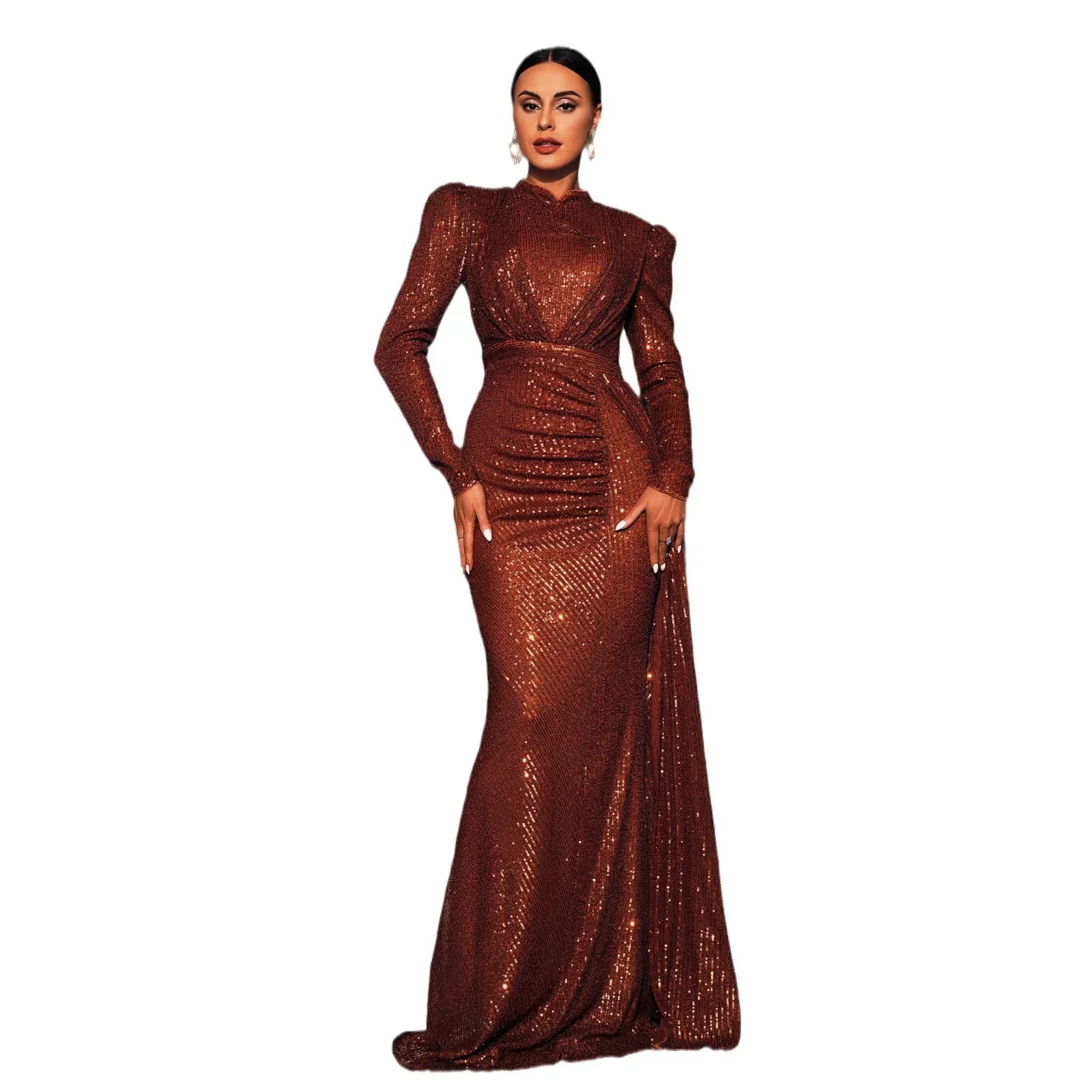 Long Sleeve Round Neck Sexy Slim Long Sequined Banquet Dress - DanaFashionstore