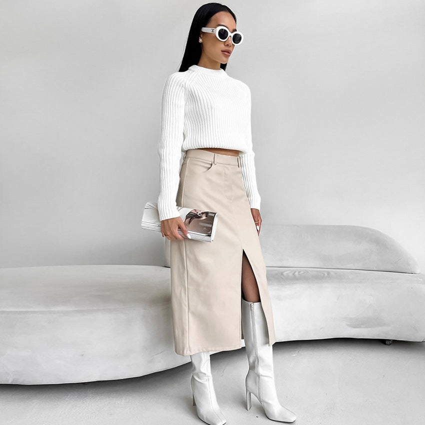 Vintage Fleece-lined PU Leather Leather Skirt