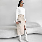 Vintage Fleece-lined PU Leather Leather Skirt