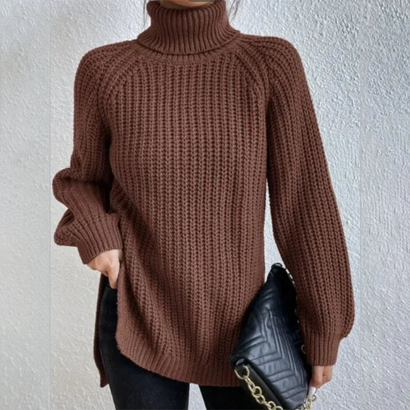 Turtleneck Pullover Sweater With Split Design Fashion Simple Solid Color Long Sleeve Tops Women's Clothing - DanaFashionstore