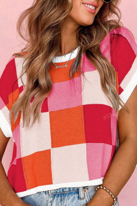 Women's Colorful Plaid Crop Tops Crew Neck Short Sleeved