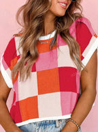 Women's Colorful Plaid Crop Tops Crew Neck Short Sleeved - DanaFashionstore